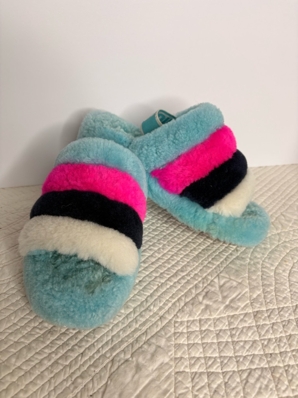 UGG Cozy Teal Fuzzy Slide Sandals with Colorful Stripes